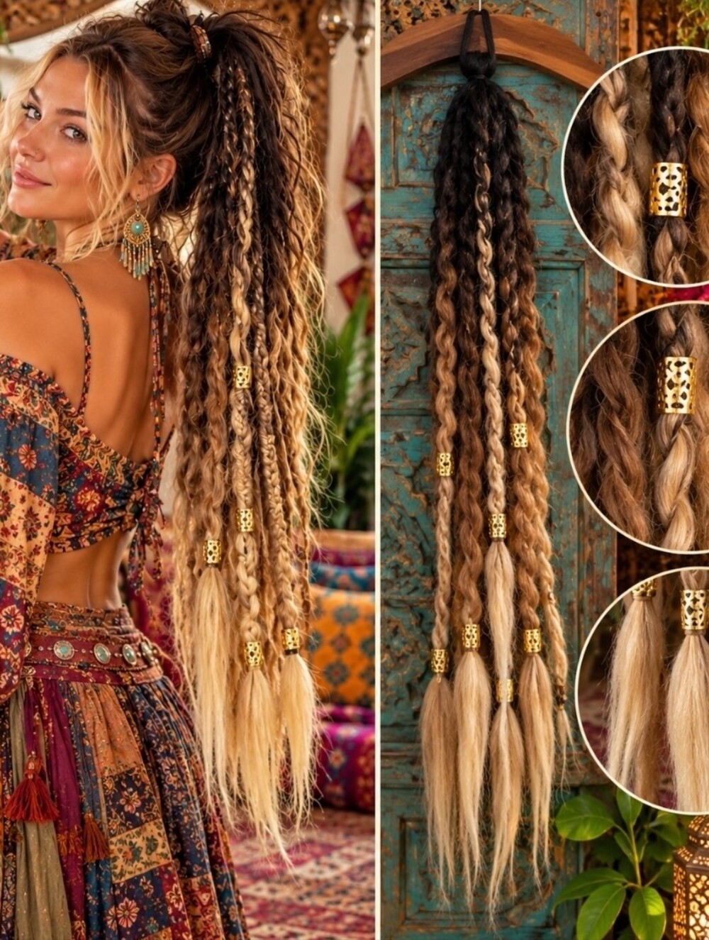 4/$15 24" Brown Braided Hair Extension with Gold Cuffs | Boho Festival Western